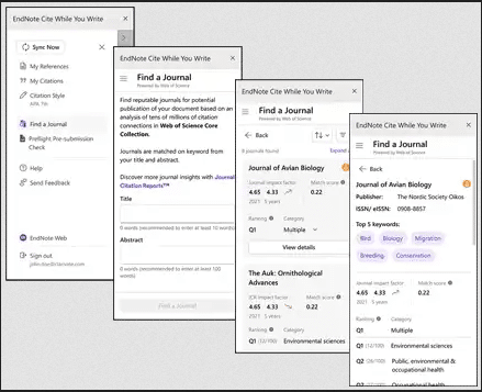 ابزار Find a Journal publishing - یک ابزار یادگیری ماشین پیشرفته که مستقیماً در Cite While You Write در دسترس است و به شما این امکان را میدهد تا با استفاده از مقاله خود، بهترین مجلههای علمی را که با موضوع مقاله آنها شباهت دارد را پیدا کنید.